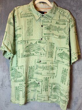 Quiksilver Waterman Fish Print Hawaiian Camp Shirt Mens Large Tropical Button Up